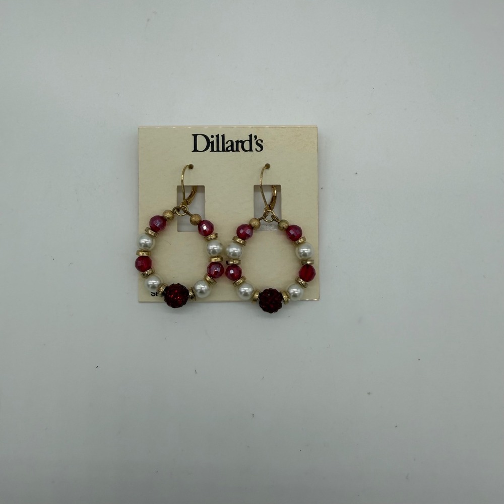 Dillards Red White Faux Pearl Gold Tone Beaded Hoop Leverback‎ Earrings Holiday